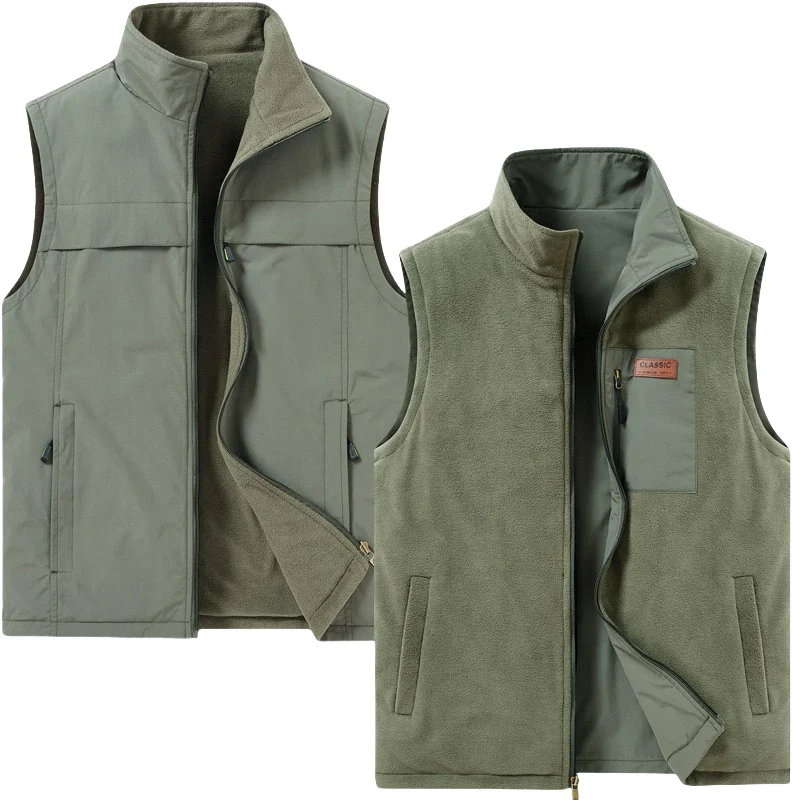 

2025 Autumn/Winter Fashion Double-Sided Heating Polar Fleece Vest Men's Cargo Vest Outdoor Multi-Pocket Thick Fleece Coat