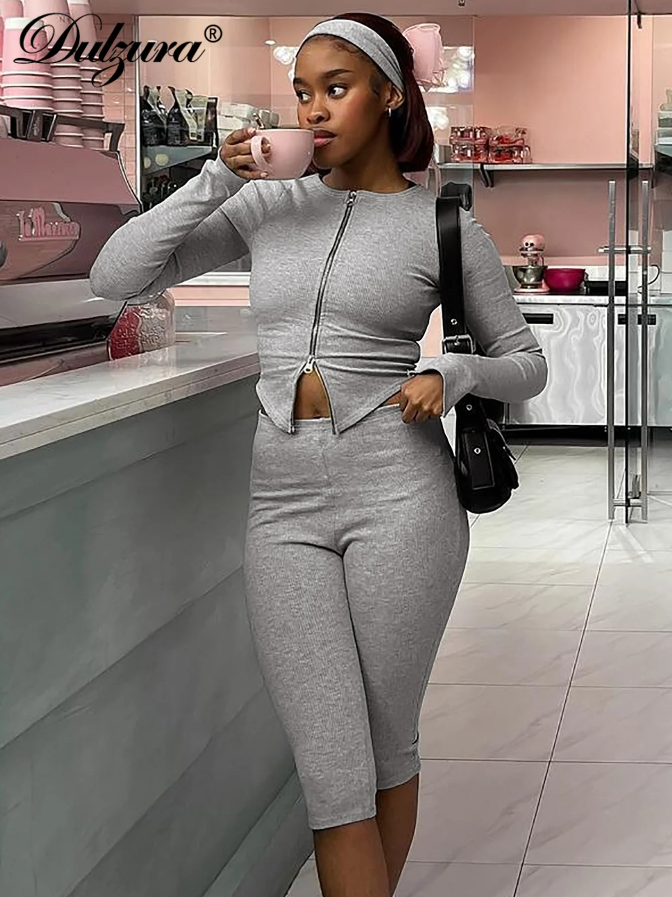 Dulzura Casual Ribbed 2 Piece Pants Set Long Sleeves Zipper Bodycon Crop Top And Slim Pants Sport Matching Set For Autumn Winter