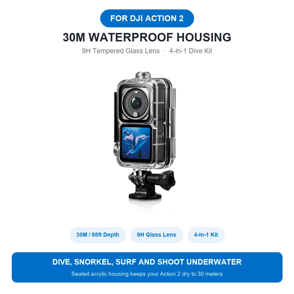 30M Waterproof Housing Case for DJI Action 2 Diving Cover Clear 9H Tempered Glass Lens with Mount Adapter Wrench Thumb Screw Kit