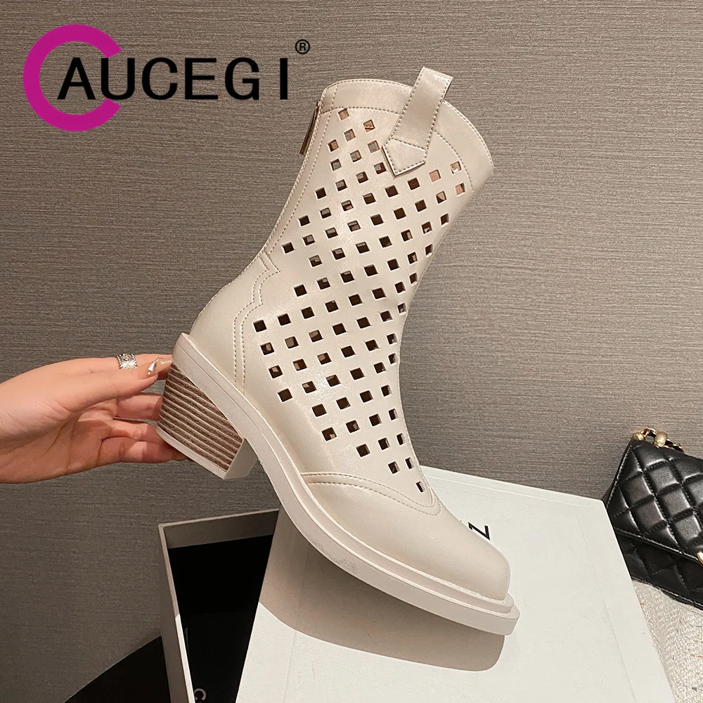 

Aucegi Delicate Hollow Out Women Breathable Summer Ankle Boots Genuine Leather Zipper Square Toe Thick Heels Preppy Style Shoes