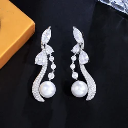 CWWZircons Clear White Bling Cubic Zirconia Paved Symmetrical Dangle Drop Long Pearl Earrings for Wedding Women Party CZ615