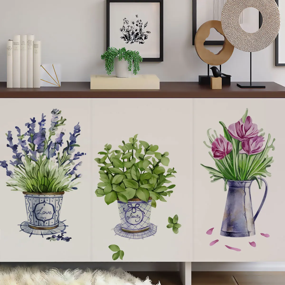 3pcs Watercolor Plant Wall Sticker Flower Pots for Kitchen Room Decor Salon Decoration Furniture Sticker Living Room Home Decor