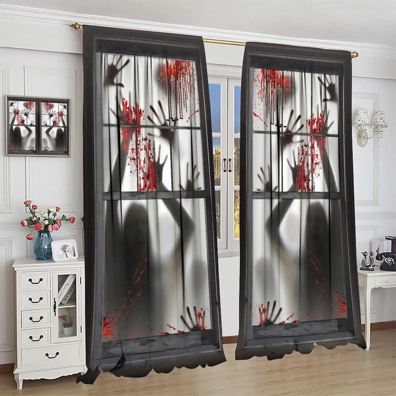 Halloween Gothic Curtains Horror Frightened Haunted House Decor Window Treatment for Bedroom Living Room Window Drapes