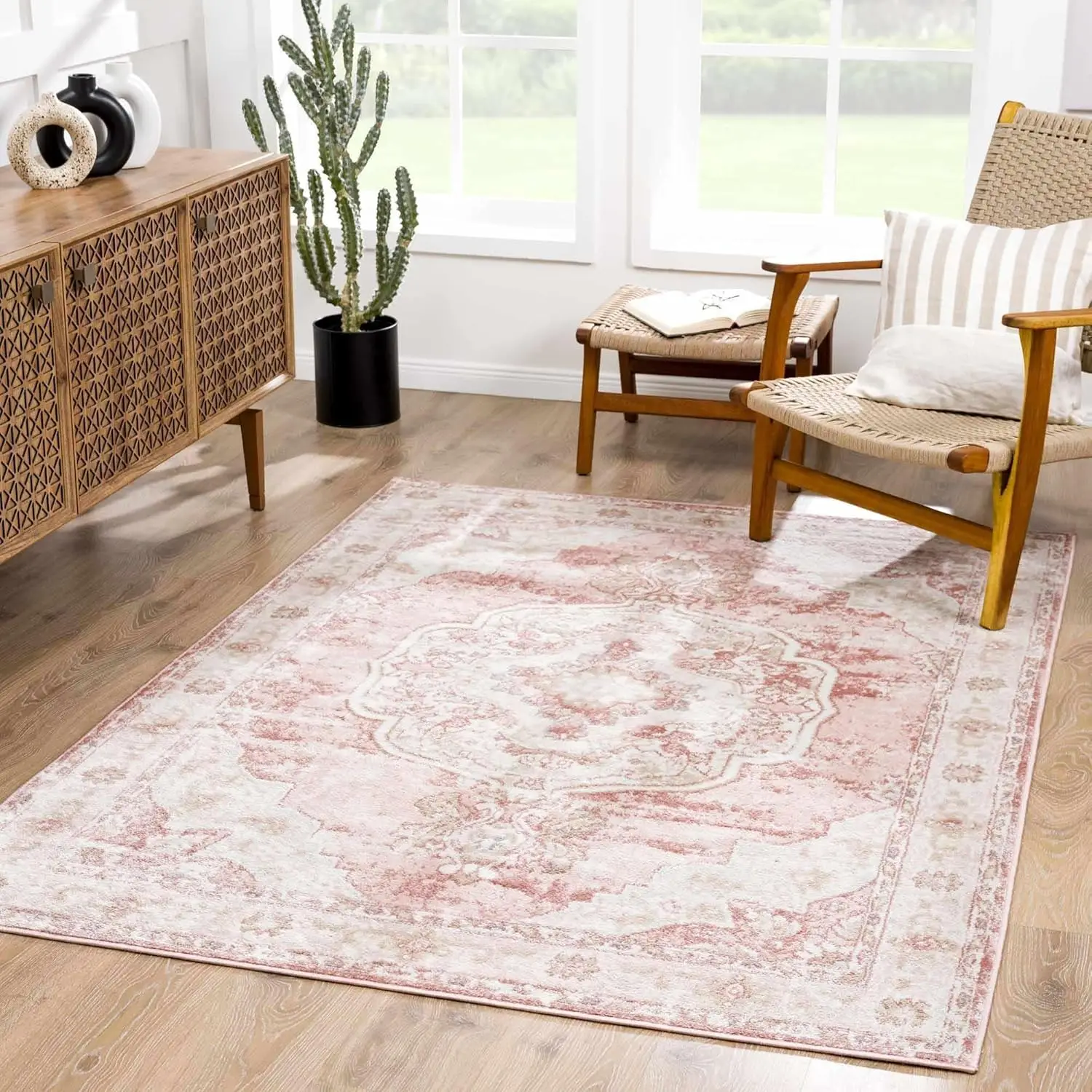 

Hauteloom Kandos Distressed Faded Traditional Oriental Style Living Room Area Rug - Vintage Medallion Farmhouse Style - Bohemian