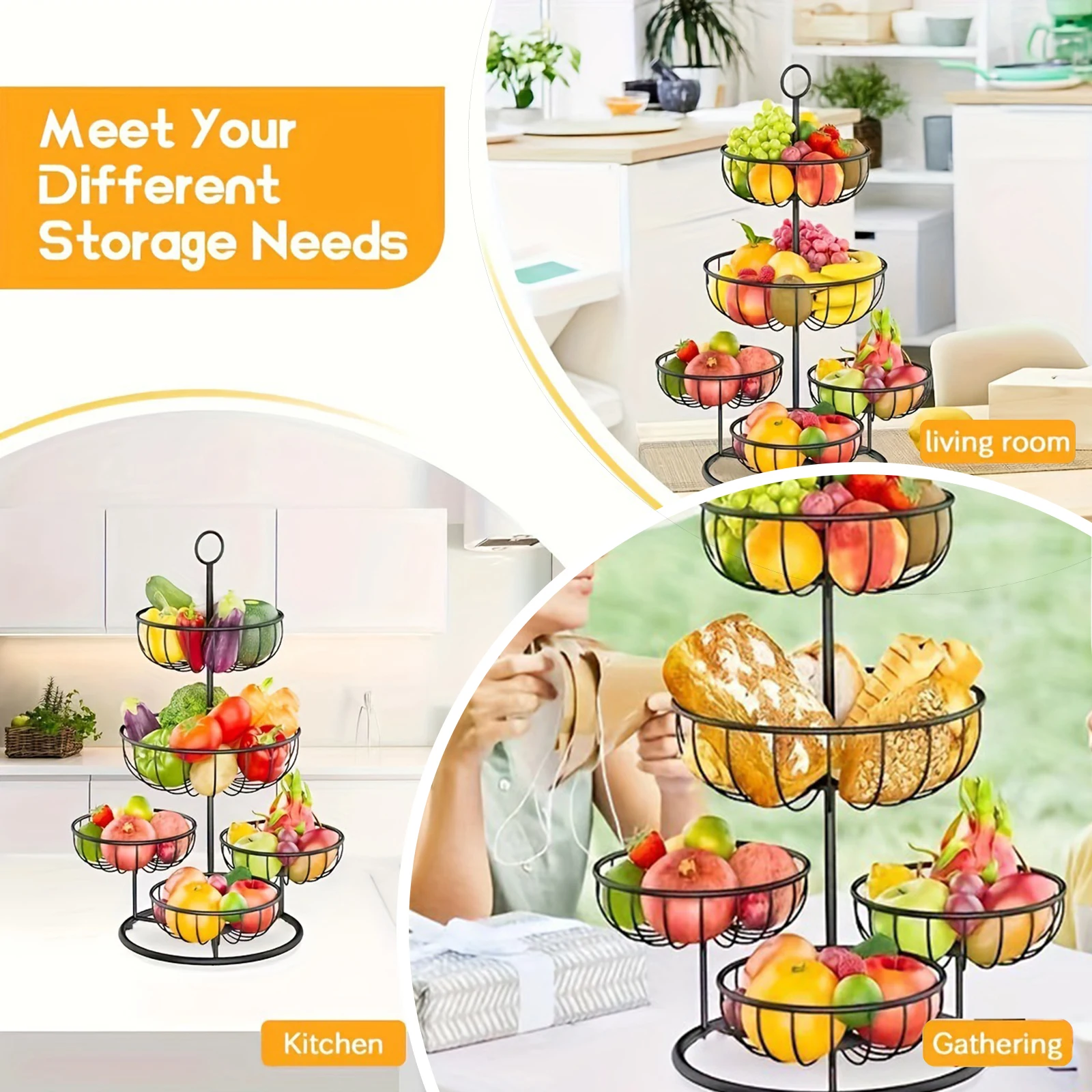 5 Tier Fruit Basket Large Capacity Multipurpose Kitchen Countertop Rack Metal Fruits Stand for Fruit Onion Potato Snack Holdiay