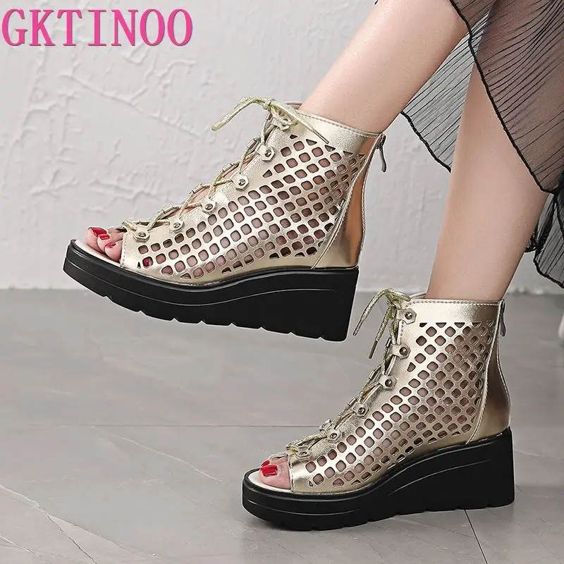 GKTINOO 2024 New Hollow Genuine Leather Sandals Women Shoes Sandals Platform Wedges Summer Shoes Woman Fashion Casual Sandals