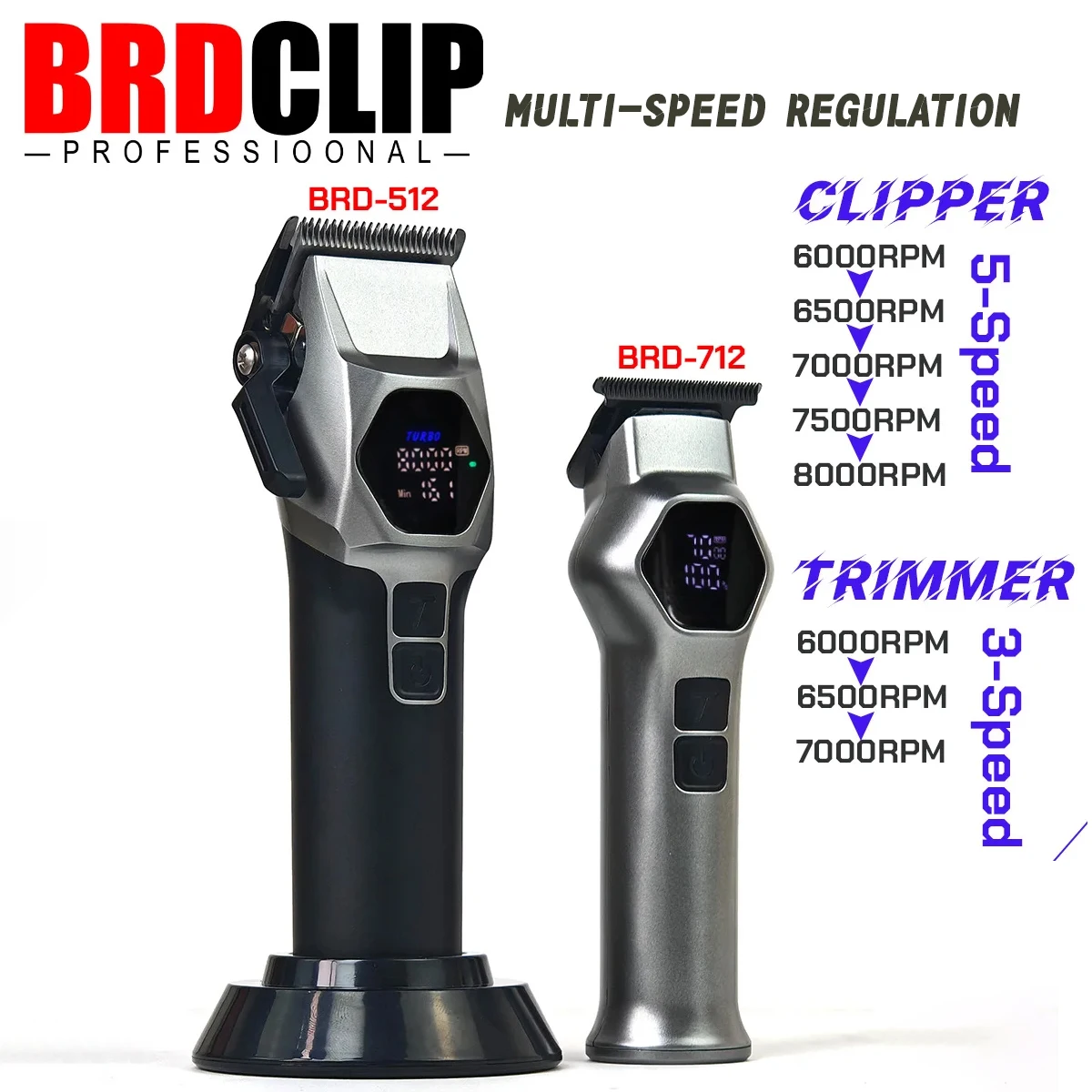 

BRDCLIP BRD512-712 Машинка для стрижки волос с большой батареей, многоскоростное регулирование, 8000 об/мин, 7000 об/мин, триммер для парикмахерской, лезвие DLC, зарядная база