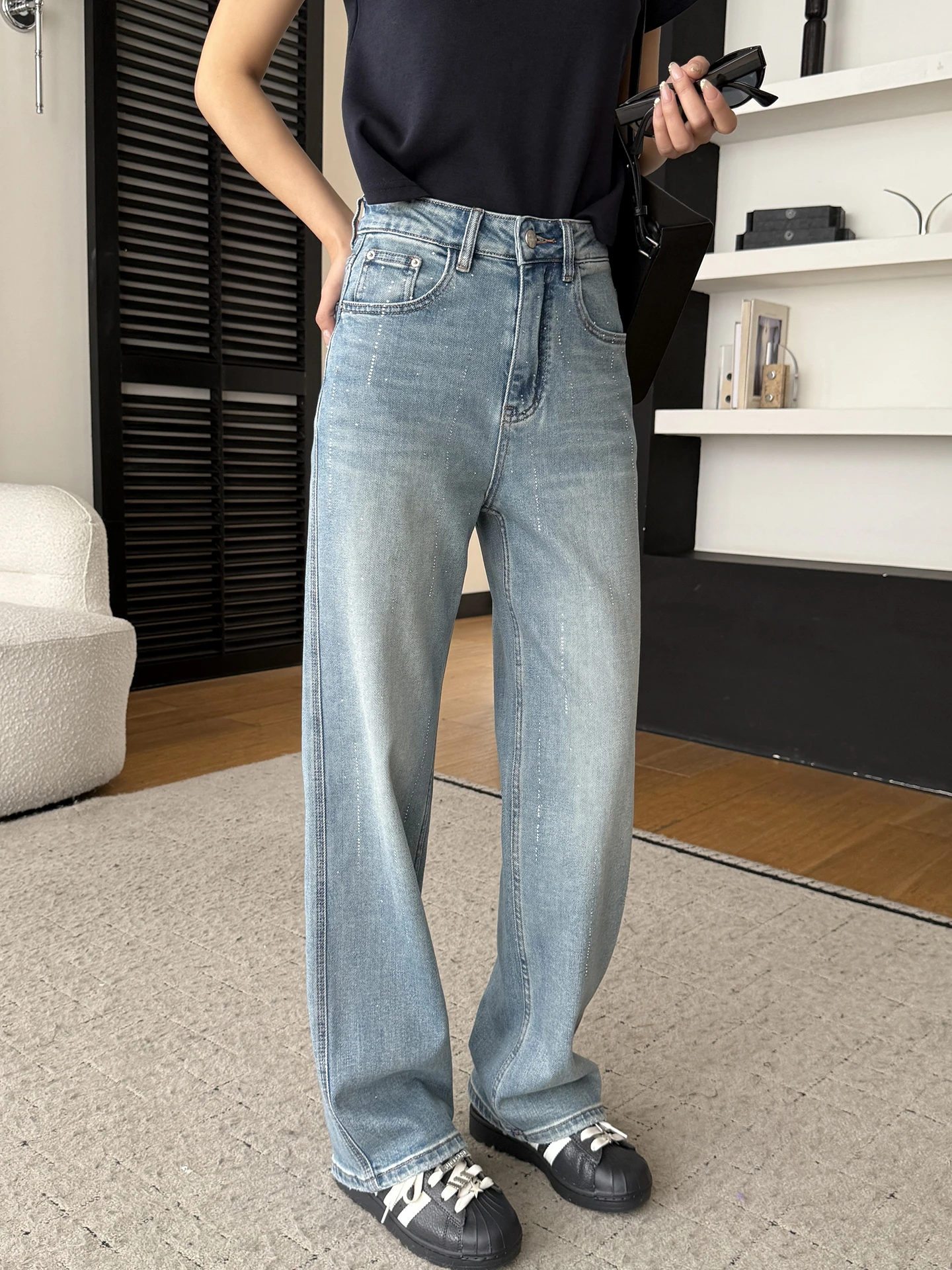 

Женские джинсы прямого кроя с высокой талией, облегающие, из высокоэластичного хлопкового денима, весна-осень, свободный крой, с декором из страз