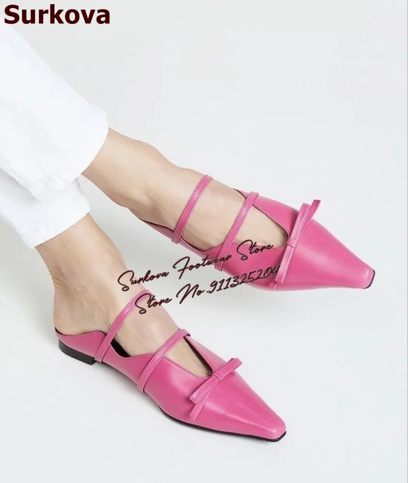 

Surkova Pink Butterfly-Knot Flat Mules Slip-On Elegant Dress Shoes Narrow Band Shallow Fashion Slippers Bowtie Beach Shoes