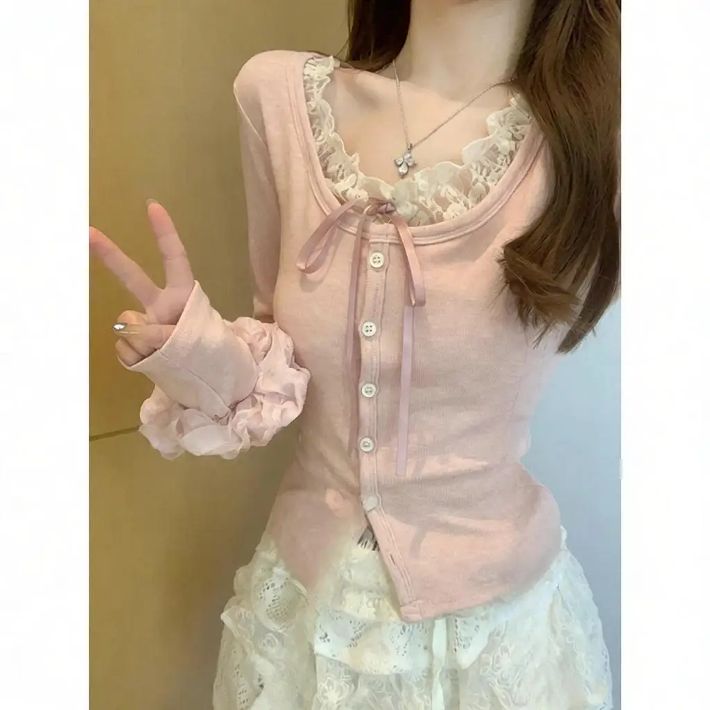 Early Spring Lace Splice Long Sleeve T-Shirt Women Pure Desire Inner Match Base Shirt BM Top No Ironing Treatment