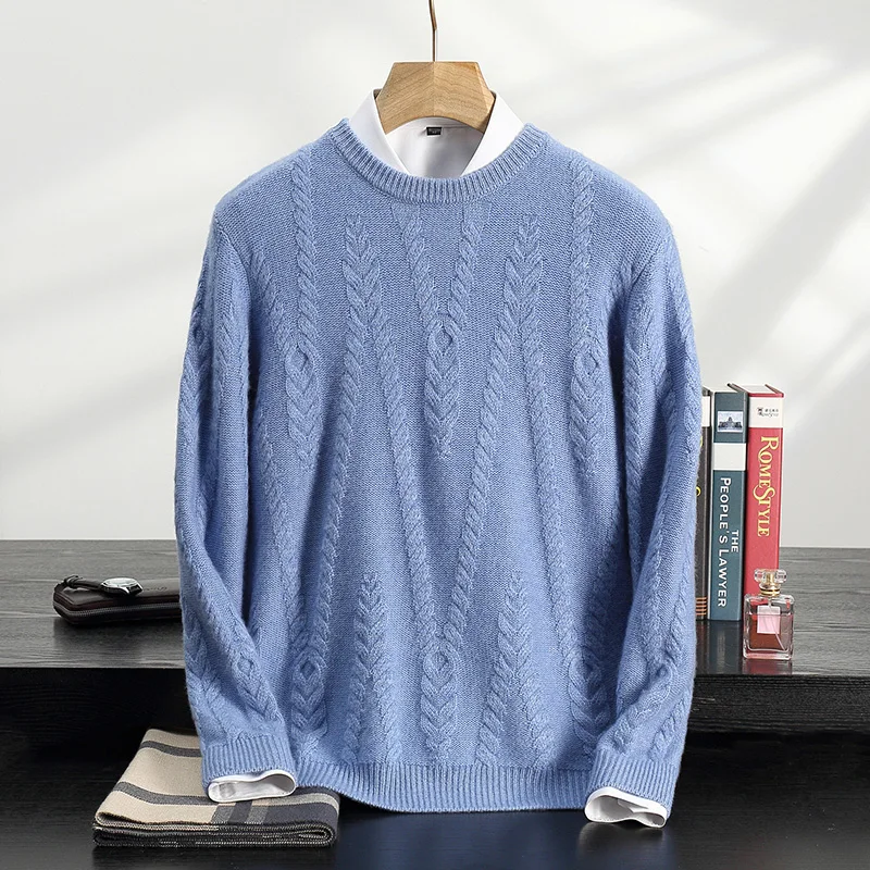 Men's 100%cashmere sweater with twisted flower pattern round neck autumn winter clothing business casual pullover bottom sweater