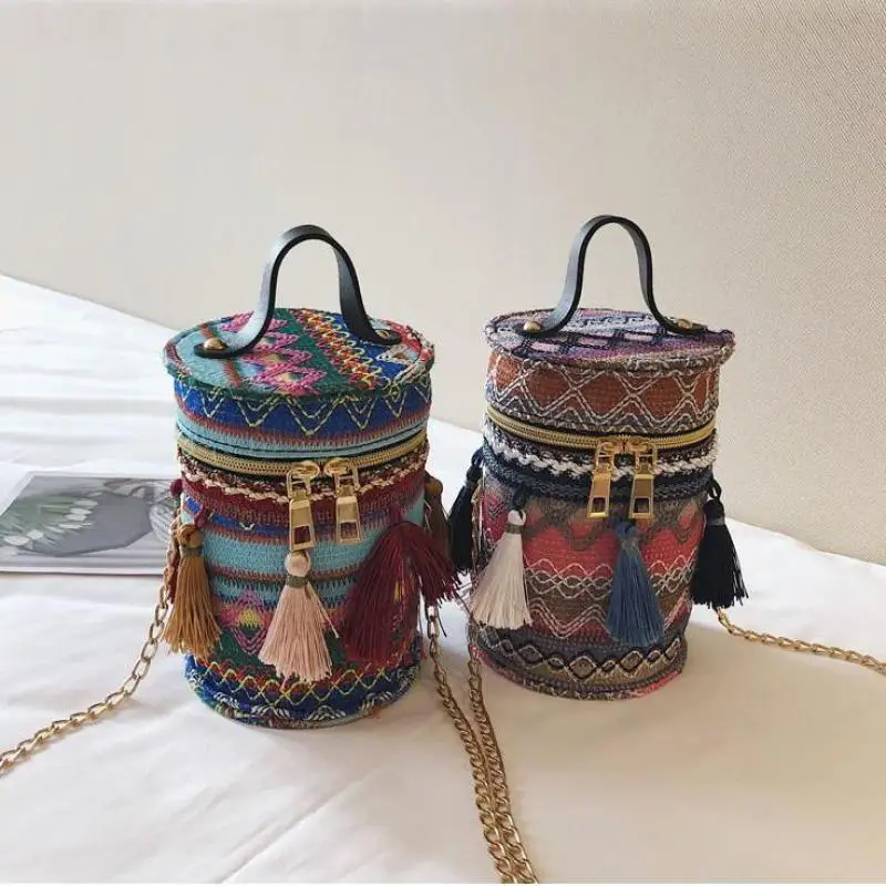 Bolso de mano a la moda para mujer, bandolera de hombro con cadena, estilo nacional, bohemio, cilíndrico, para playa