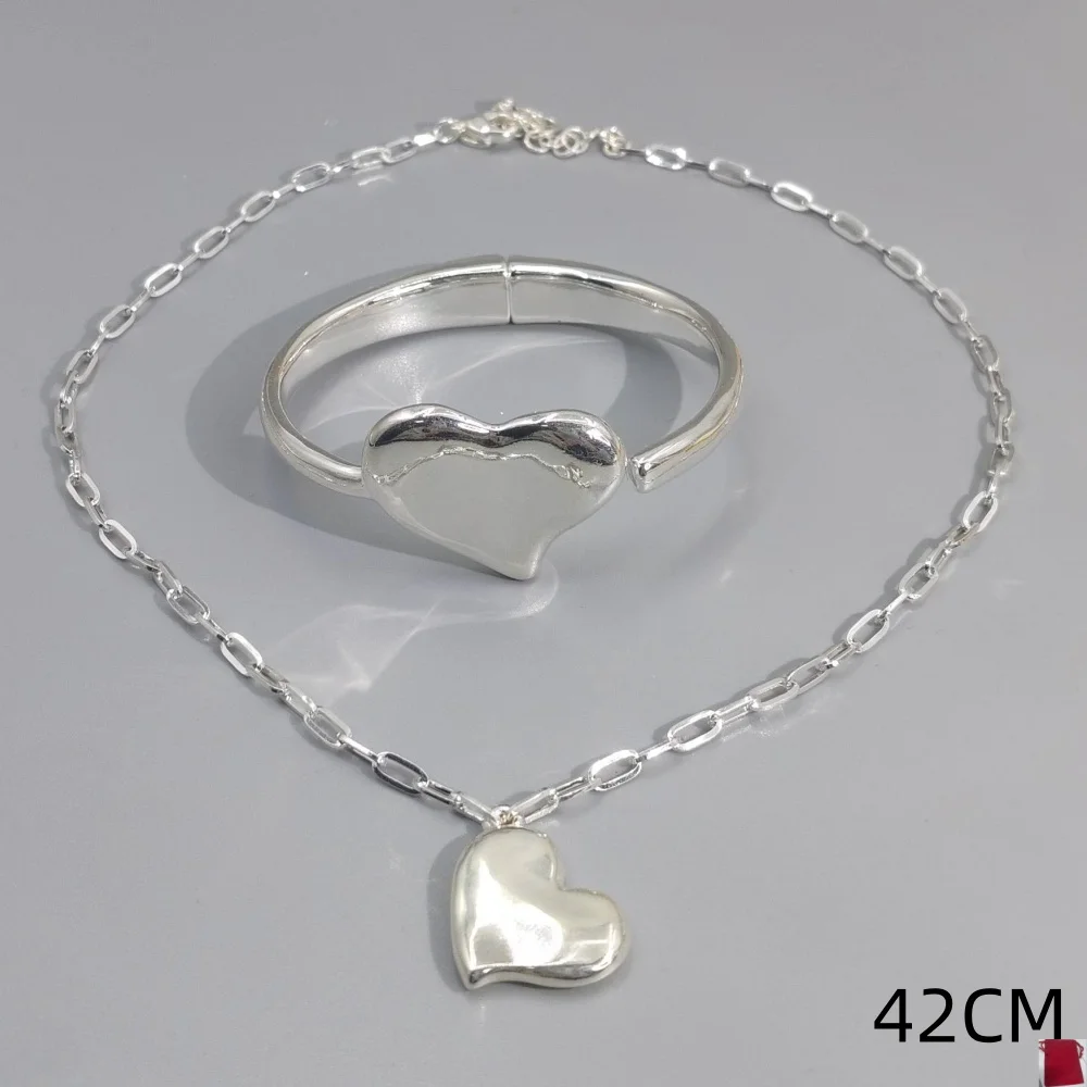 2026 Spain Sweet and Spicy Girl Wind Gold Silver Heart shaped Bracelet Necklace Jewelry Set Birthday Gift