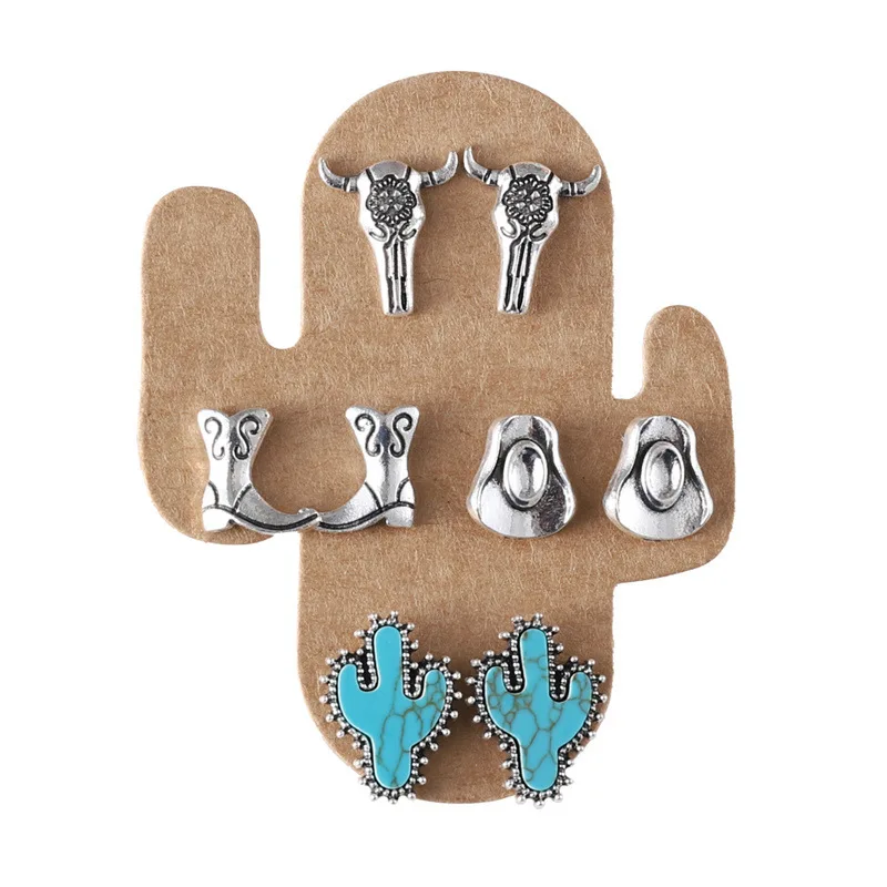 4 Pairs of Western Style Earrings for Women Steer Bull Head/Cowboy Boot Hat/Turquoise Cactus Stud Earrings Pack Western Country