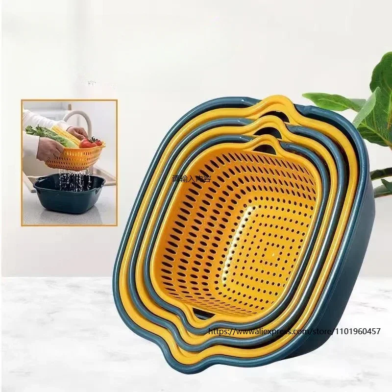 Large Capacity Thickened Double-Layer Drainage Basket Set of Six: Kitchen Storage Plastic Vegetable Washing Basket Safe Material