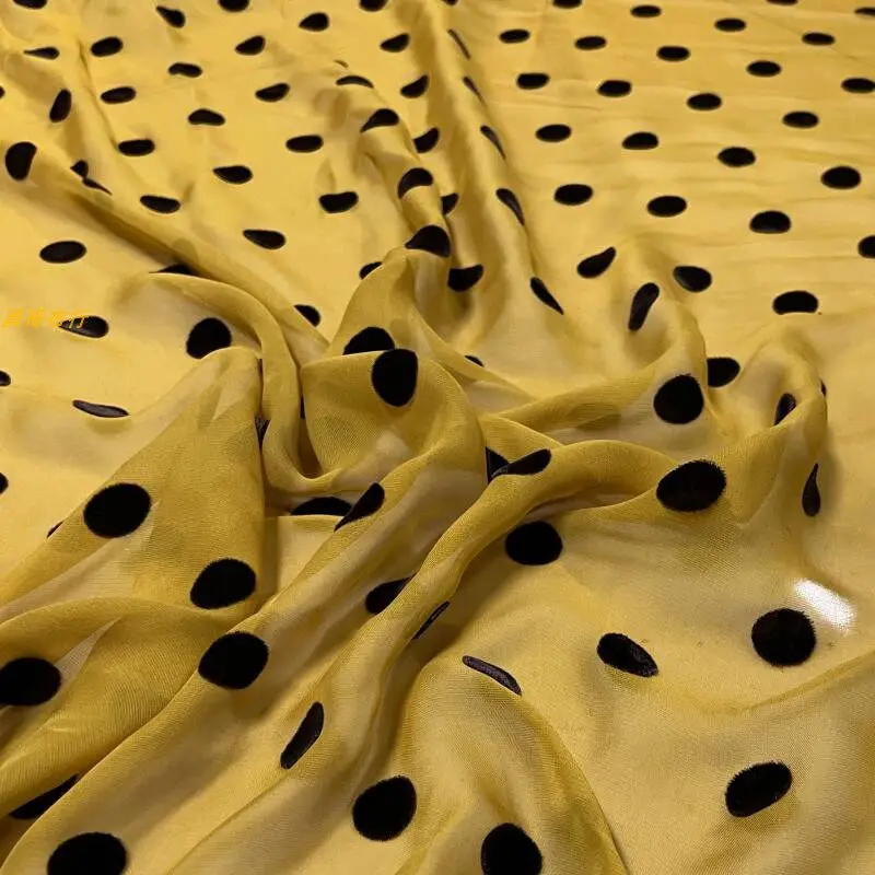 Yellow Silk Polka Dot Fabric Straight Velvet Black round Dot Slightly Transparent Comfortable Silk Dress Shirt Clothing Fabric