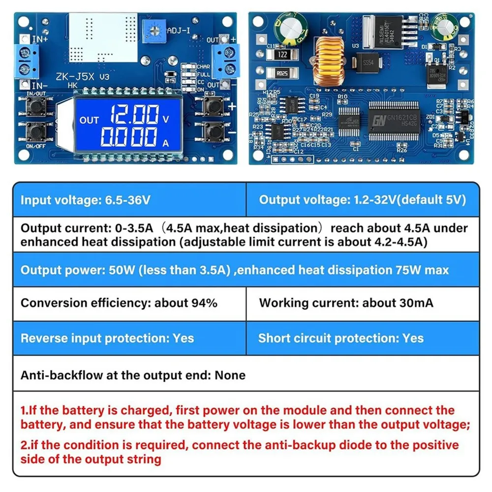 WCS-DC Adjustable Buck Converter 6.5-36V To 1.2-32V 5A Step Down Power Supply With LCD Display, 2-Pack