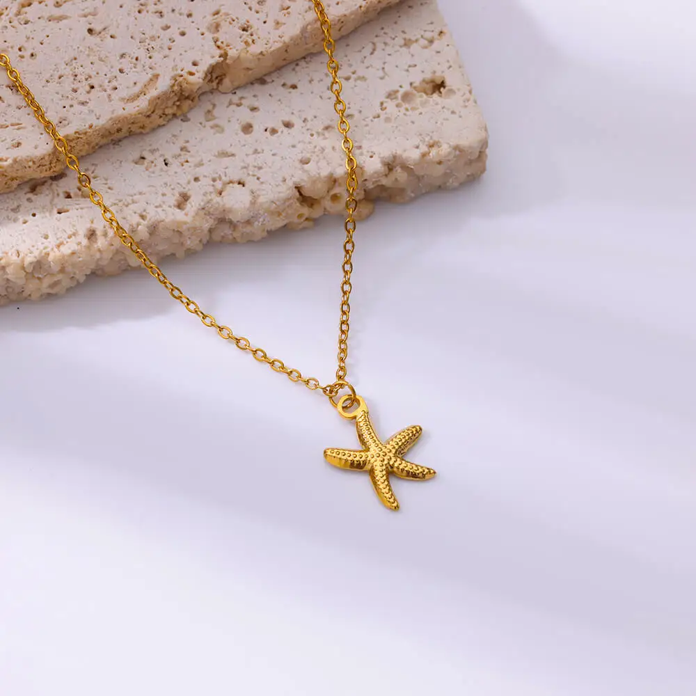 Stainless Steel Summer Beach Jewelry 2024 Trendy Accessories Gift Cute Gold Plated Shell Starfish Pendant Necklace For Women