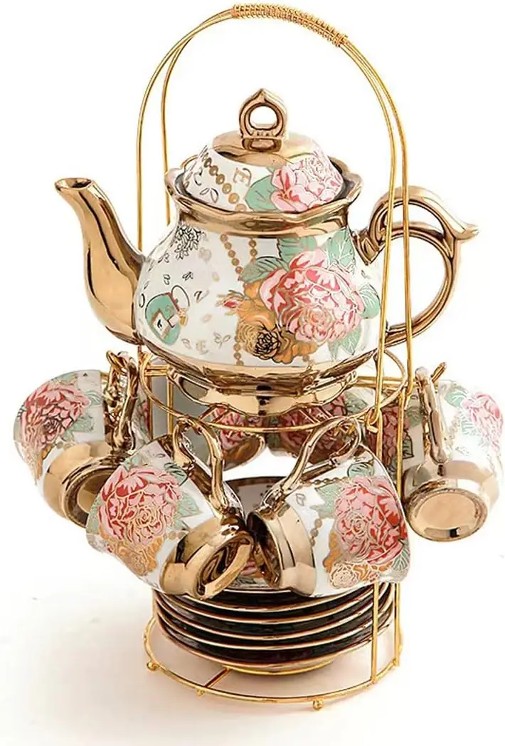 

Gold Plated Red Rose Ceramic Tea Set, Vintage Teapot for 6 People, Beautiful Coffee Serving