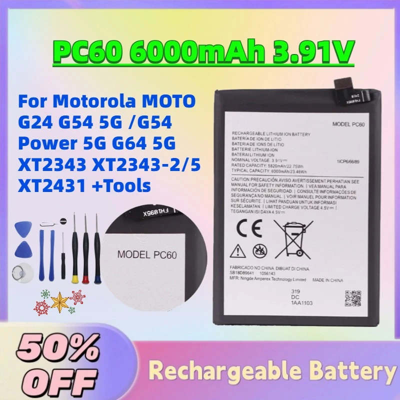 

Hot Sale New PC60 6000mAh 3.91V Phone Battery for Motorola MOTO G24 G54 5G /G54 Power 5G G64 5G XT2343 XT2343-2/5 XT2431 +Tools