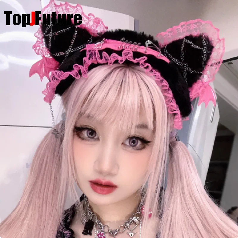 Women's lace y2k girls Gothic Lolita cosplay Harajuku wings lace headband with cat ears headband Lolita punk cosplay headband 6