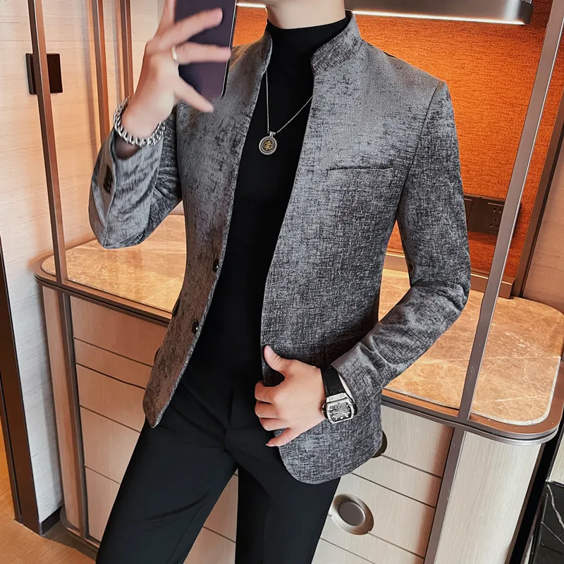 Autumn Corduroy Stand Up Collar Suit Jacket Men Slim Fit Casual Business Blazers Street Wear Social Banquet Party Suit Jackets