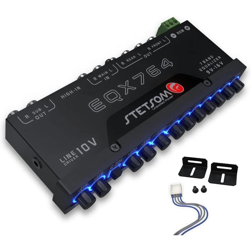 

EQX764-7 Band Equalizer, Pre-Amp Car Audio Graphic Equalizer with 4 Inputs (RCA & High) 6 Outputs