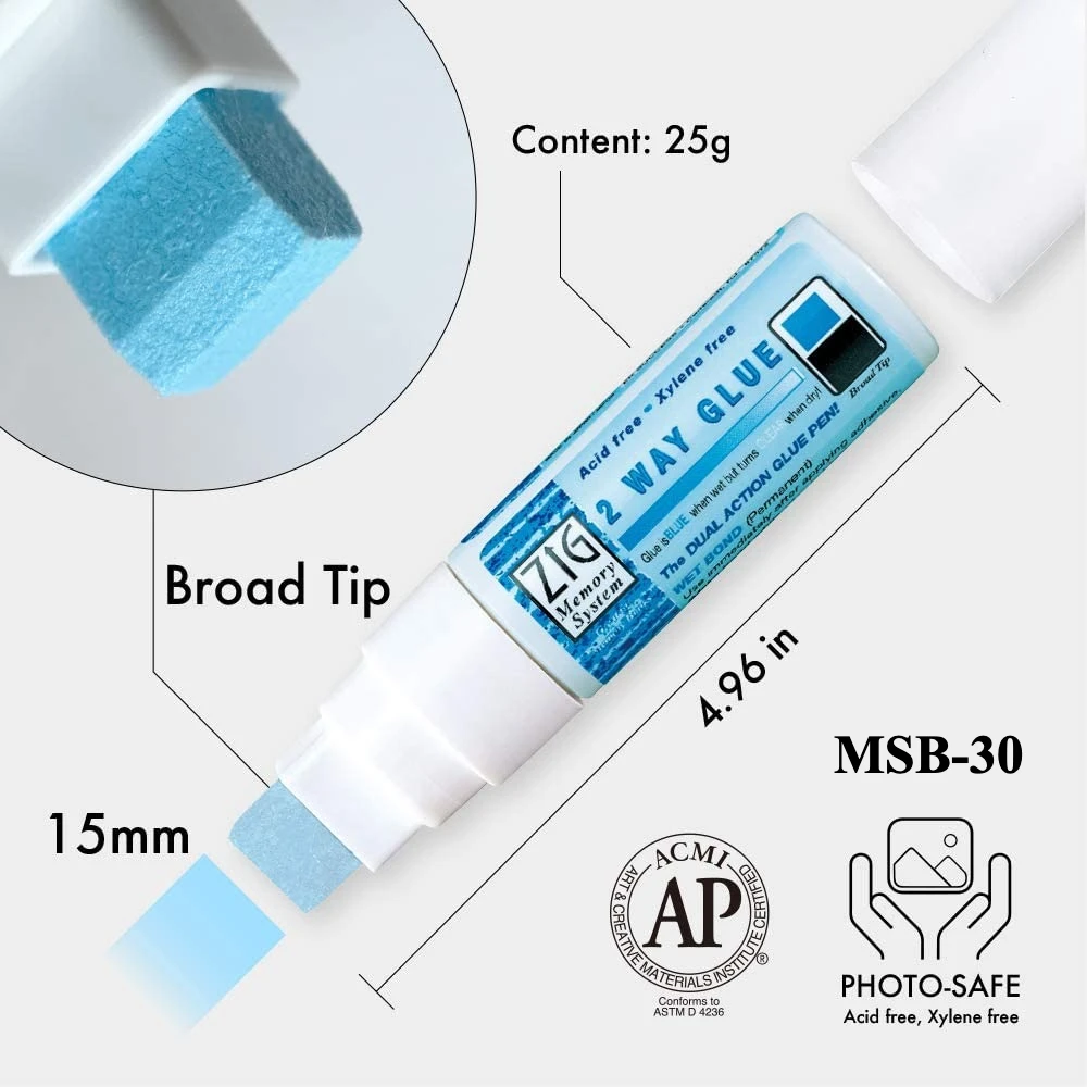 Japan Kuretake Zig 2 Way Glue Pen, 1/2/4/15mm Fine Tip, Adhesive for Professional,Artists, Crafting, Scrapbooking, Gift Card