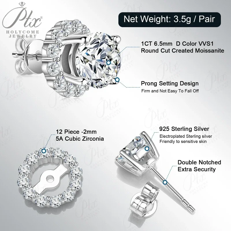 

Moissanite 12 Colors Diamond Screw Back 2 in 1 Stud Earrings Multi Color 0.5-1ct Women 925 Silver New Fine Jewelry Wedding Jewel