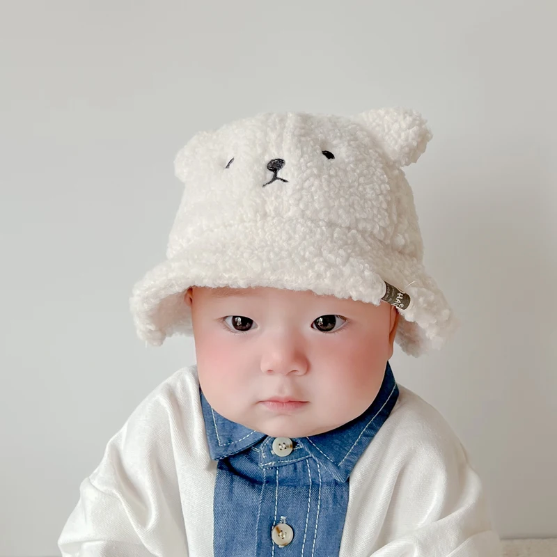 Autumn Winter Thicken Baby Bucket Hats Cartoon Bear Kids Boys Girls Artificial Lambwool Soft Warm Fisherman Hat Children Caps