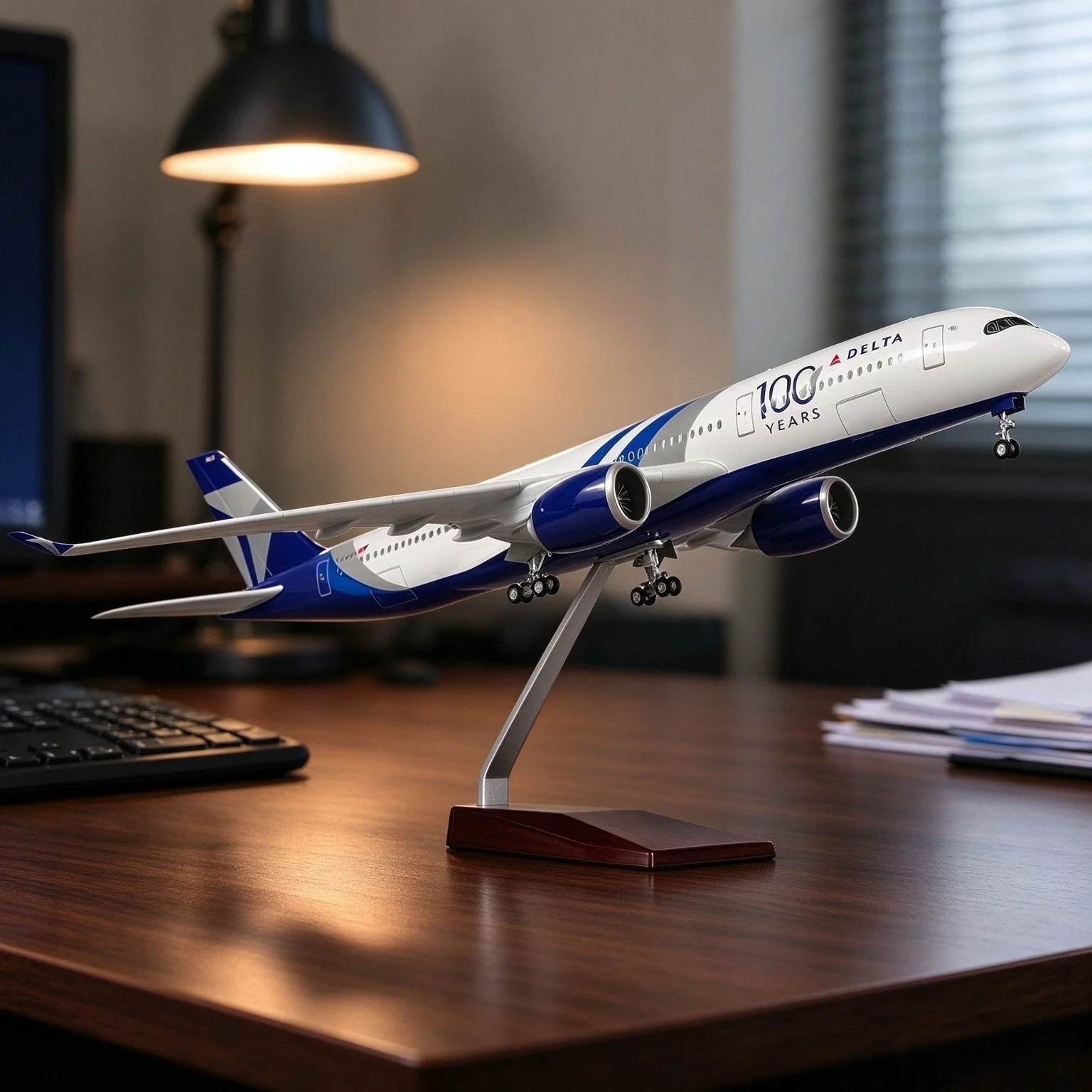 1/142 Large Scale Delta A350 100 Years Collectible Resincast Plastic Model Plane Kit With Stand＆Wheel For Collection Display
