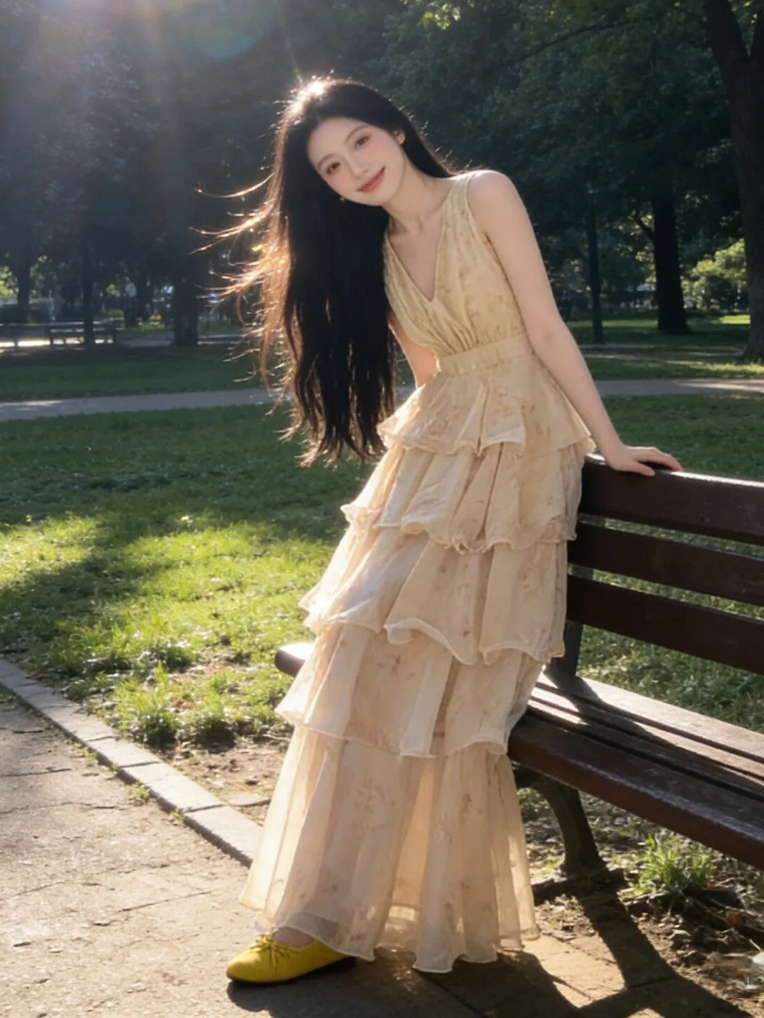 

Gentle Breeze Unique Puffy Waist V-Neck Dress Summer Cotton High Waist Cake Skirt Style Beautiful Elegant Soft Cotton Dress