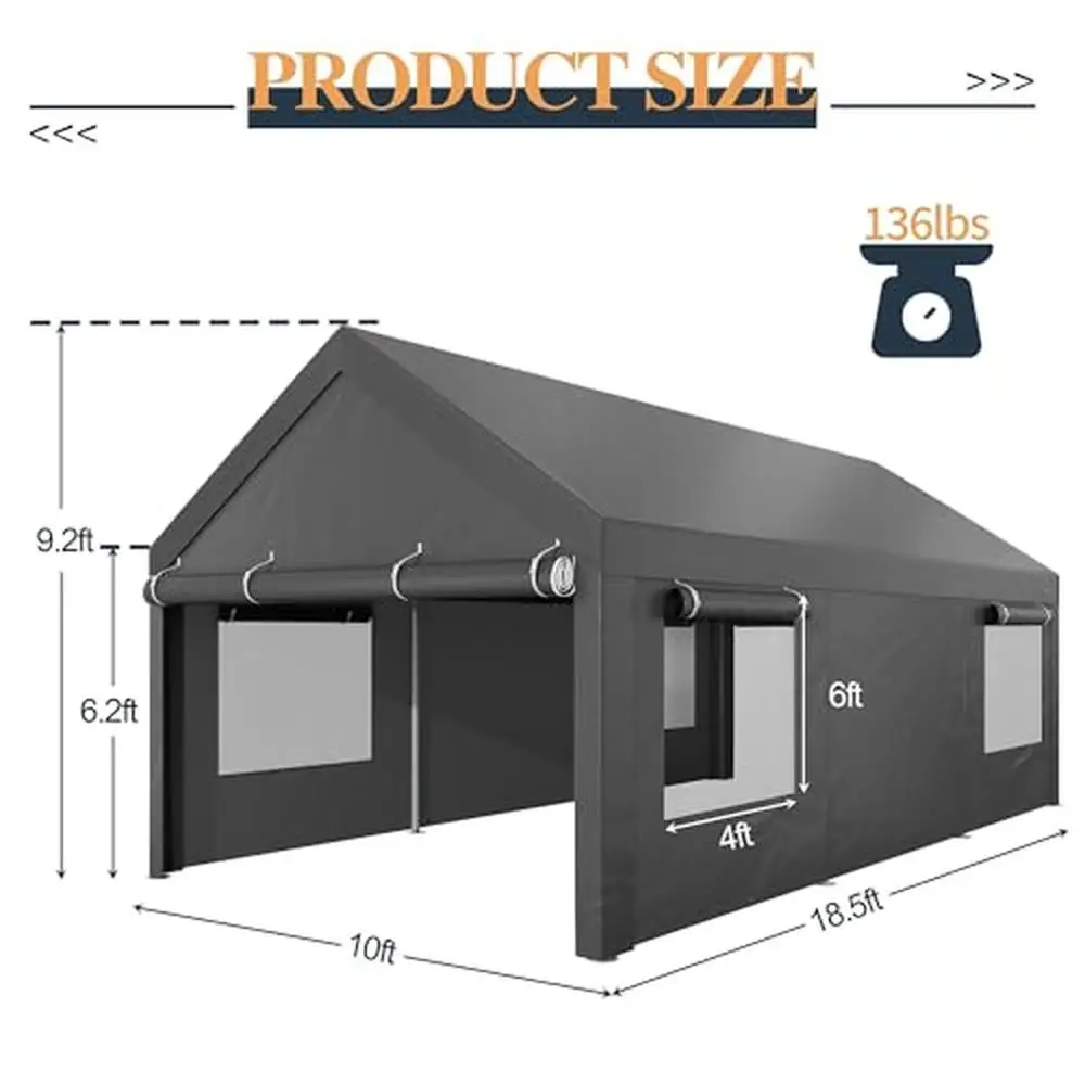 10x18.5ft Portable Heavy Duty Carport Garage Removable Sidewalls Doors Ventilated Windows All-Season Tarp UV Resistant Strong