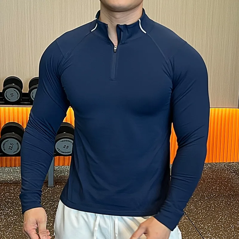 Simple Sports Semi-zipper Stand-up Collar Long-sleeved T-shirt Men Gym Fitness Slim Bottoming Quick-drying Inside Autumn Top