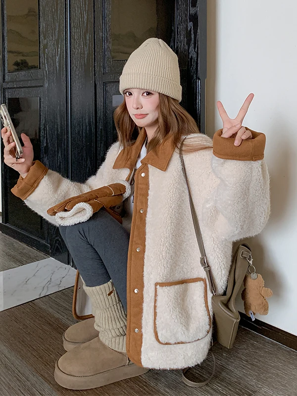 Damski płaszcz z futra jagnięcego, ocieplany, jesienno-zimowy, nowy, elegancki, do pracy, zintegrowany skórzano-futrzany, ciepły, puszysty płaszcz wierzchni.