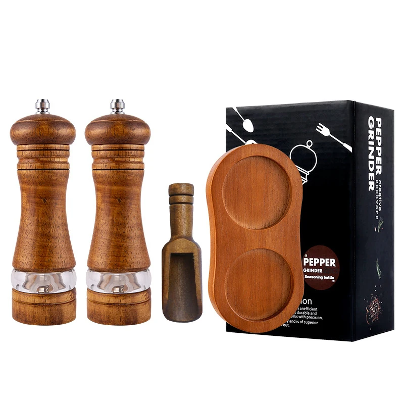 Juego de molinos de sal y pimienta de madera, molinillo de especias Manual clásico, juegos de molinos de sal recargables con bandeja, molinos de madera de roble, agitadores JT552