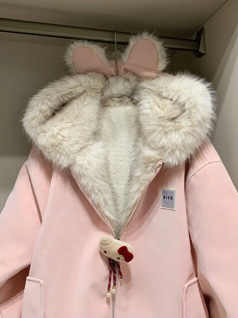 

Модная женская хлопковая куртка с меховым воротником в виде кроличьих ушей, теплая зимняя свободная верхняя одежда с капюшоном, повседневная, с длинными рукавами, премиум-класса