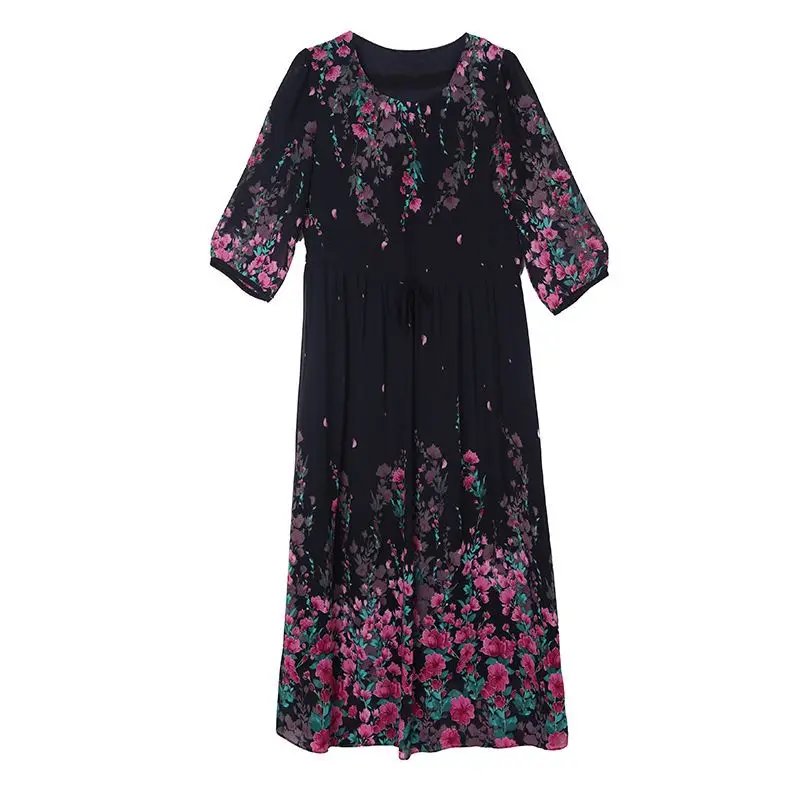 2024 Vintage Black Floral Silk Luxury Midi Dress Women Elegant Bodycon Prom Dress Summer Korean Fashion Party Evening Vestidos