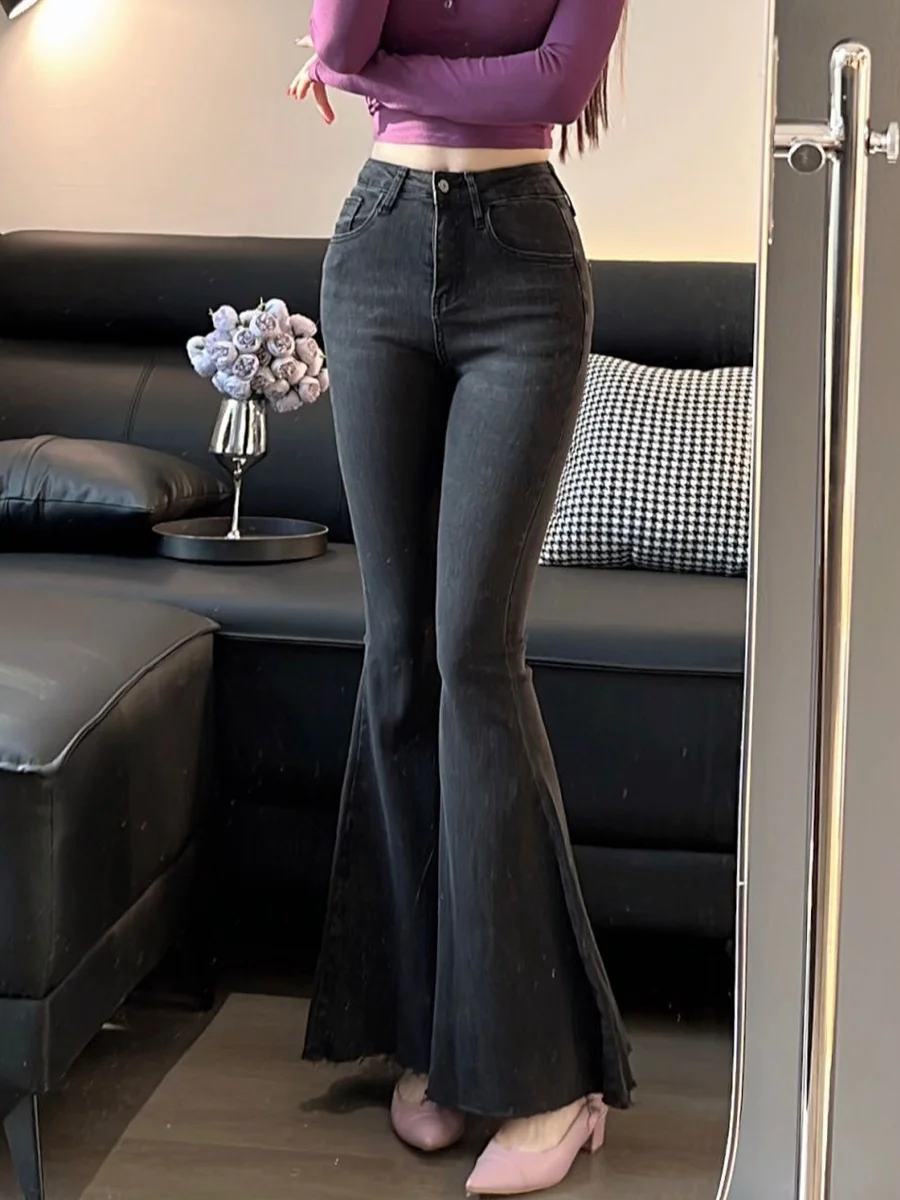Slimming High Waist American Retro Denim Jeans Women's Tight Fitting Cheek Enhancing Black Fish Tail Flared Long Trousers