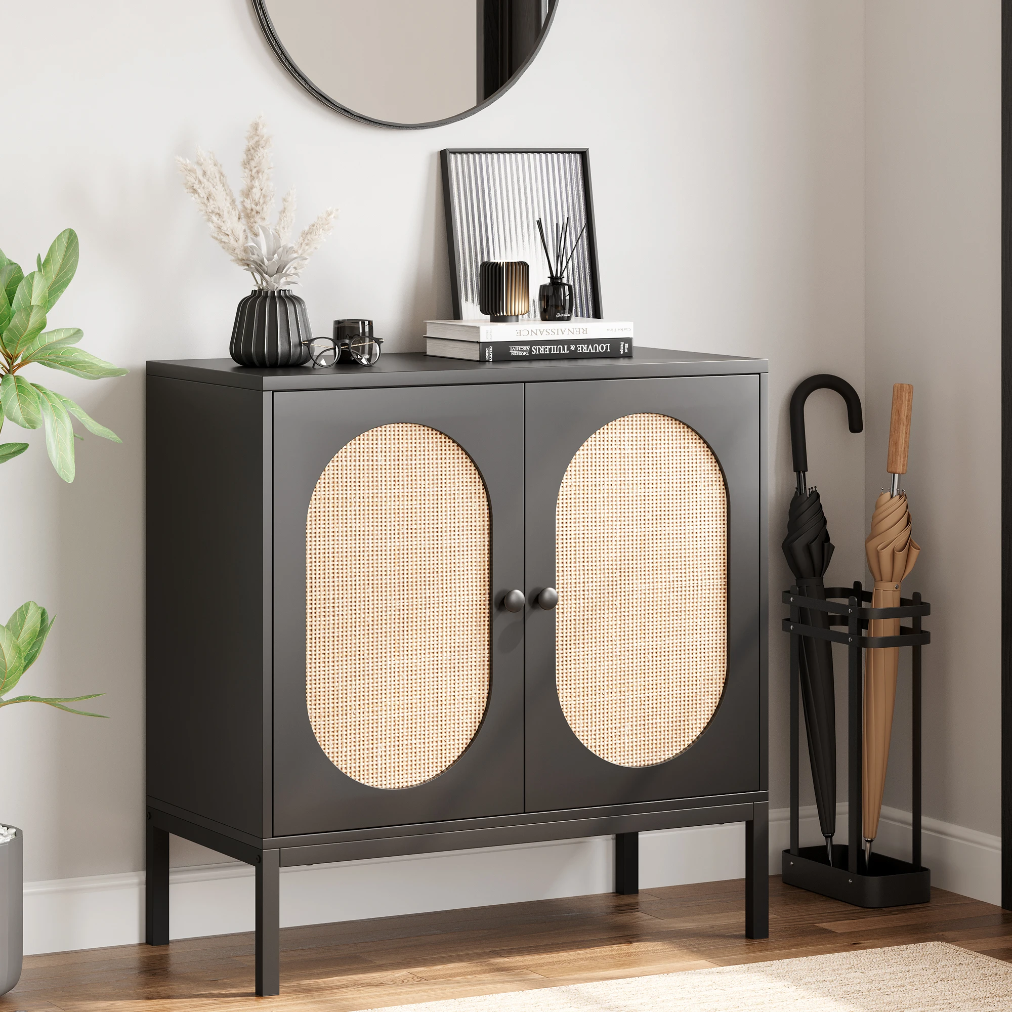 

Rattan Buffet Storage Cabinet Black Sideboard Cabinet with Adjustable Shelves 2-Tier Storage for Living Room Dining Room Hallway
