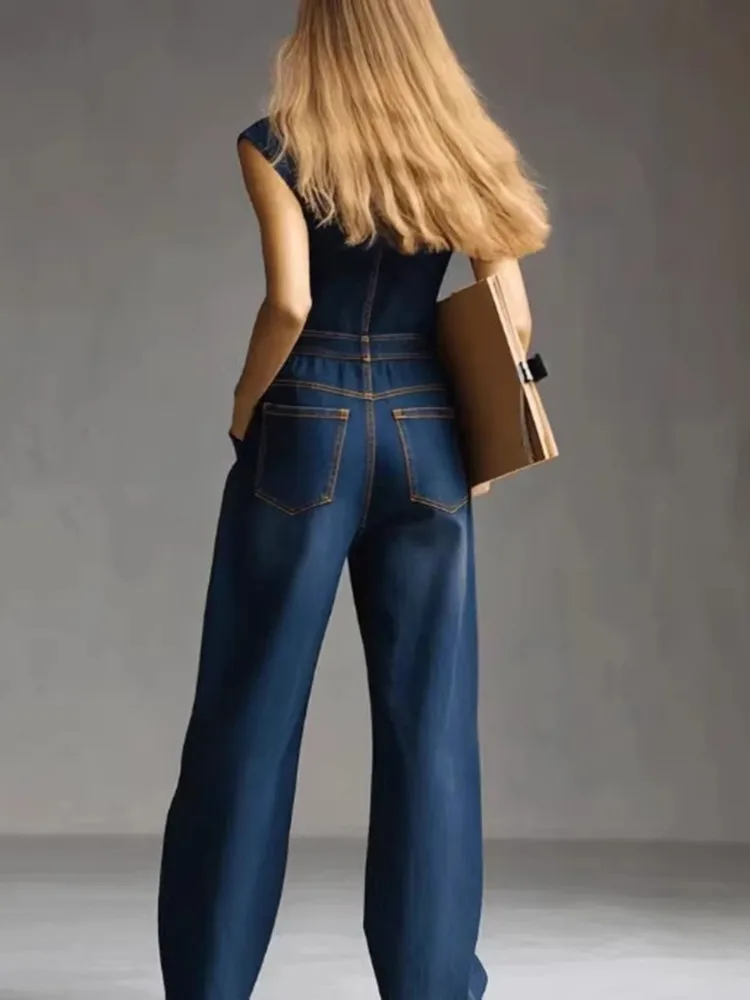UOOZEE 2026 New Women Fashion Pockets Buttons Denim Jumpsuits Sleeveless High Waisted Wide Leg Casual Jean Romper Overalls