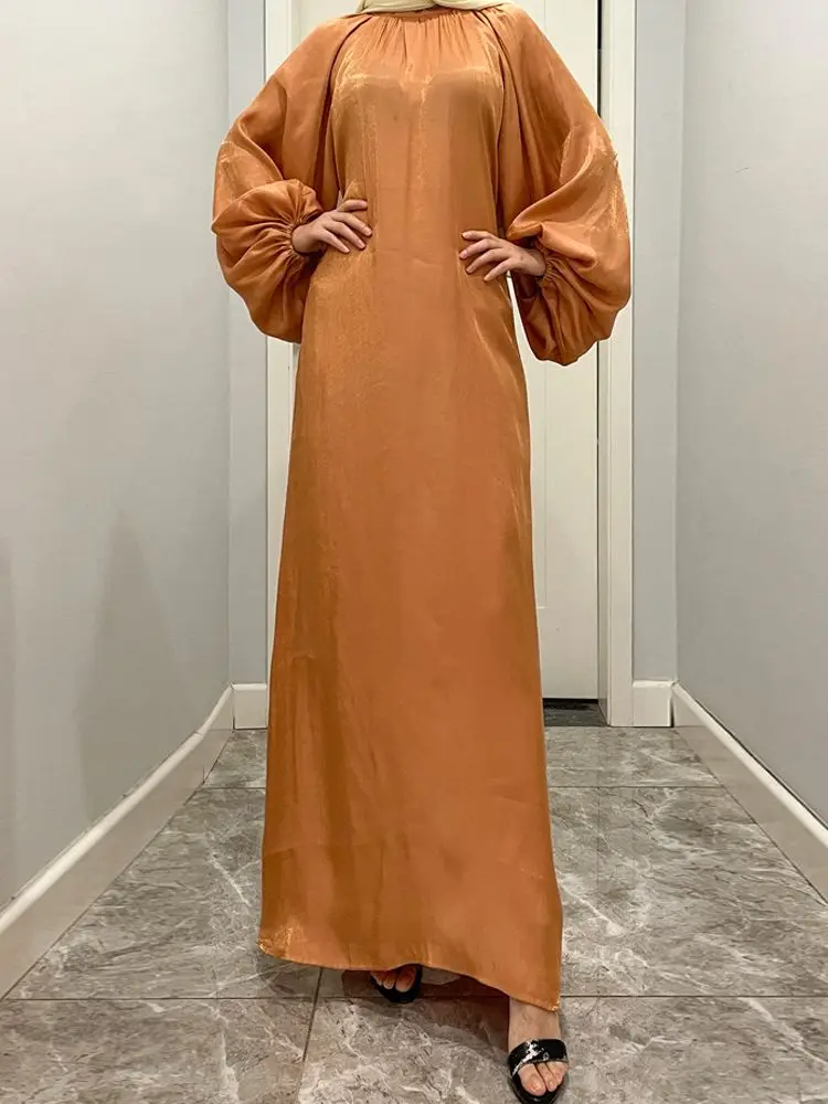 Ramadan Eid Djellaba Muslim Dress Dubai Fashion Elastic Puff Sleeve Soft Shiny Abaya Dubai Turkey Muslim Kimono Islam Robe WY840