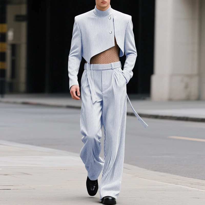 INCERUN, conjuntos para hombre, chaqueta corta elegante a rayas de manga larga y pantalones, conjuntos de dos piezas, ropa de calle holgada, trajes informales de moda para hombre 2025