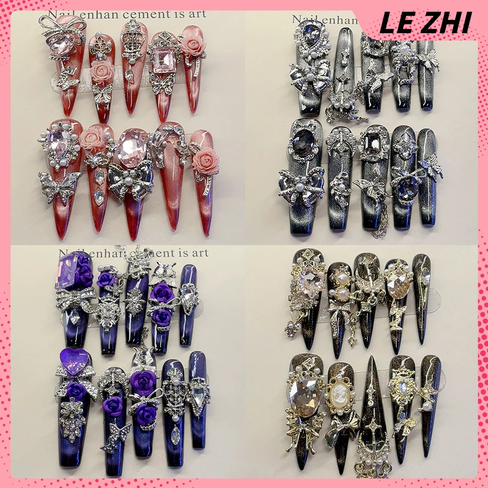

10Pcs Light Luxury Handmade Long Coffin Stilettos Press On Nails Cat Eyes Rhinestone Metal Butterfly Bowknot Flower Fake Nails