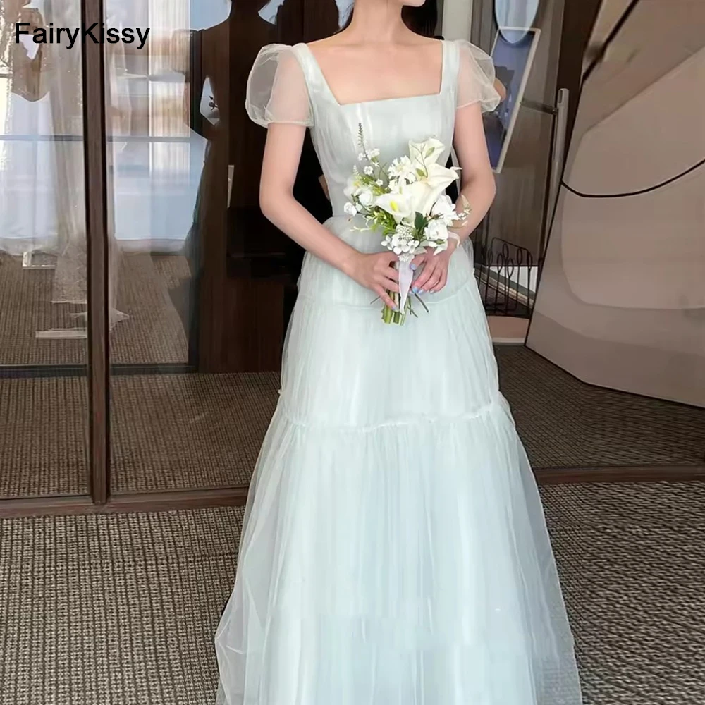 

FairyKissy Fairy Tulle A-Line Wedding Dress Puff Short Sleeves Prom Dresses Floor Length Evening Party Dresses Korean Customized