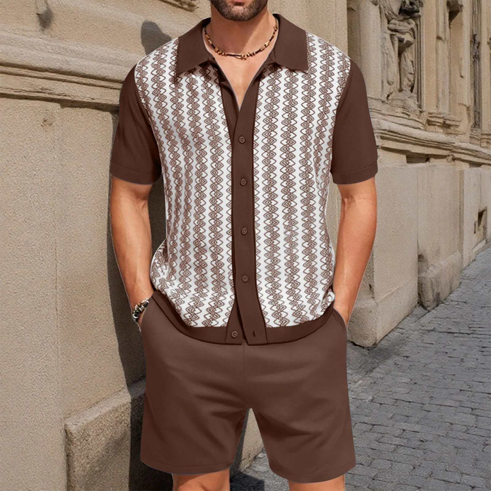

New Fashion Men's Trendy Kniited Jacquard 2 Piece Sets Turn-down Collar Short Sleeve Single Breasted Shirts Knee Length Shorts