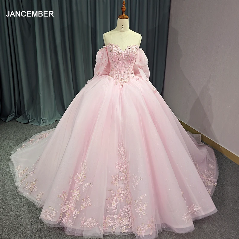 Brilhante fora do ombro vestido de renda lantejoulas, vestido rosa Quinceanera, grânulos arco trem tribunal, 15 anos, DY6774