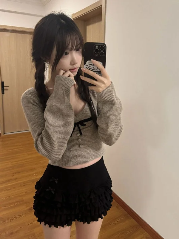 

Winter Slim Fit Women's Sweater Top Inner Wear Two-Piece Set Cute ort Length Cover-Up with Knot Design Warm Knitted