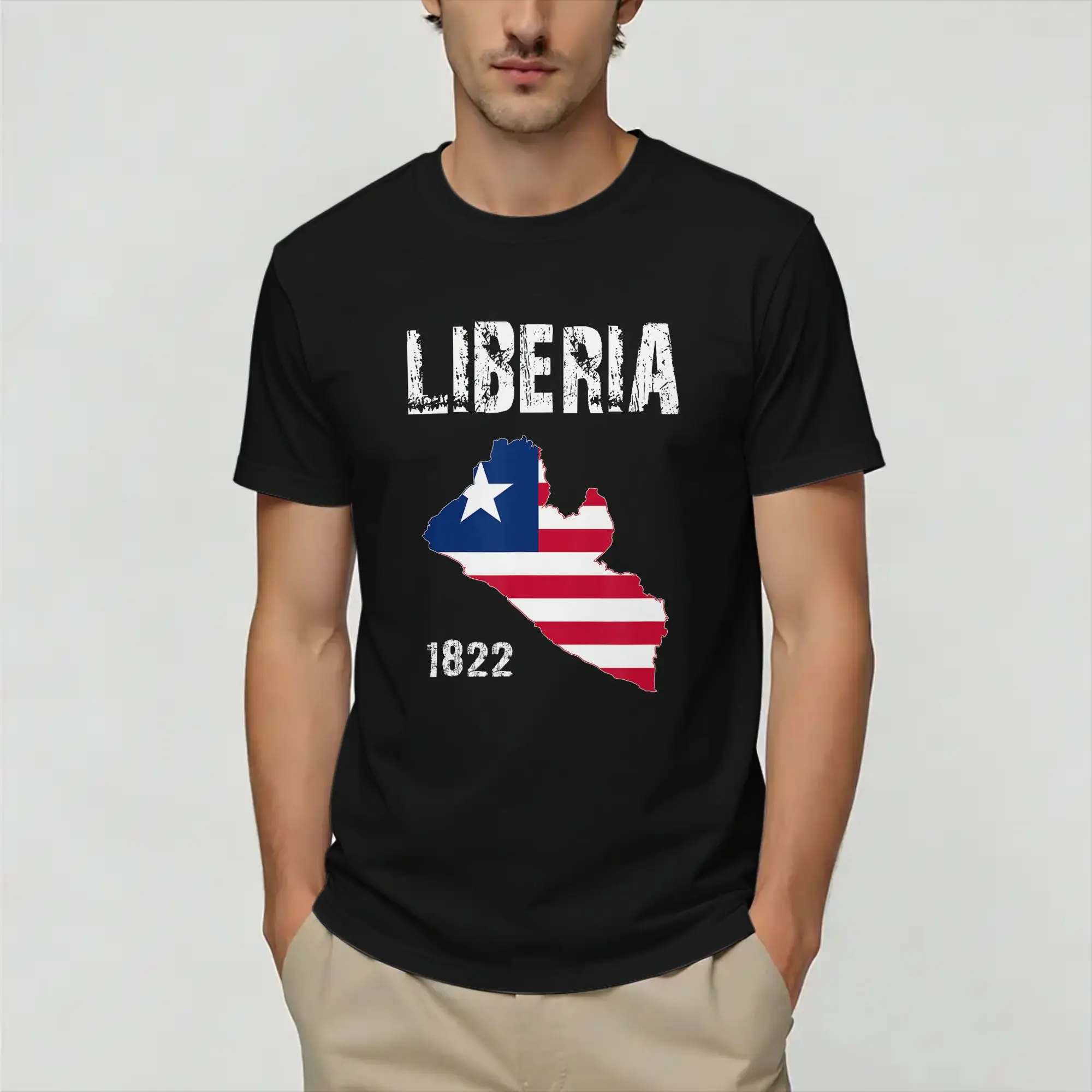 Men T-Shirt Liberia  Flag Map  Funny Pure Cotton Tee Shirt Short Sleeve  T Shirt Round Neck Clothes Birthday Gift