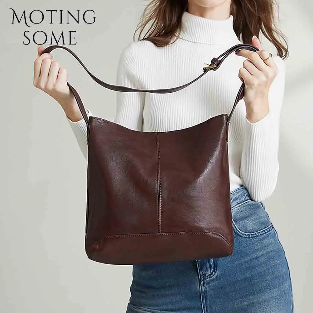 Motingsome Retro Woman Handbag High Quality Vegetable Tanned Leather Shoulder Bucket Thick Cow Skin Luxury Tote Black 2024 New